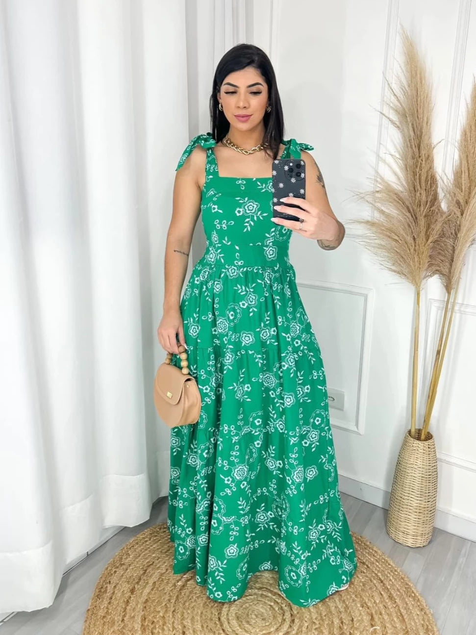 Vestido Longo Alça Floral Tecido Tricoline