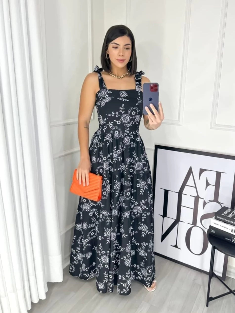 Vestido Longo Alça Floral Tecido Tricoline