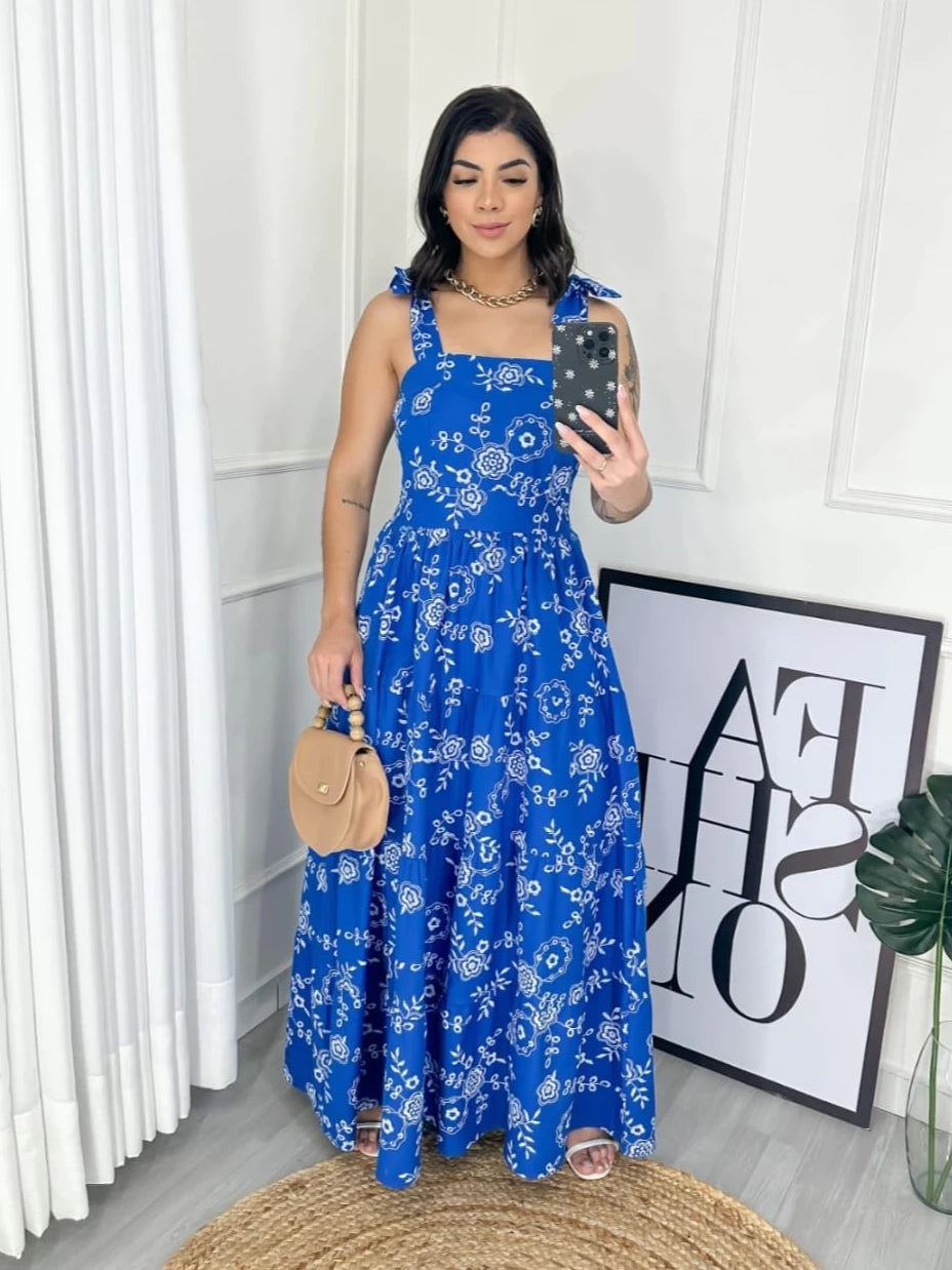 Vestido Longo Alça Floral Tecido Tricoline