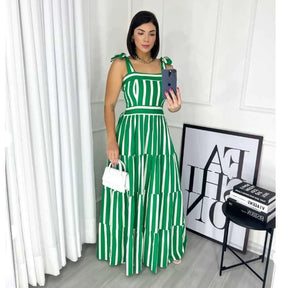 Vestido Alça Listra Tricoline Algodão Com Forro