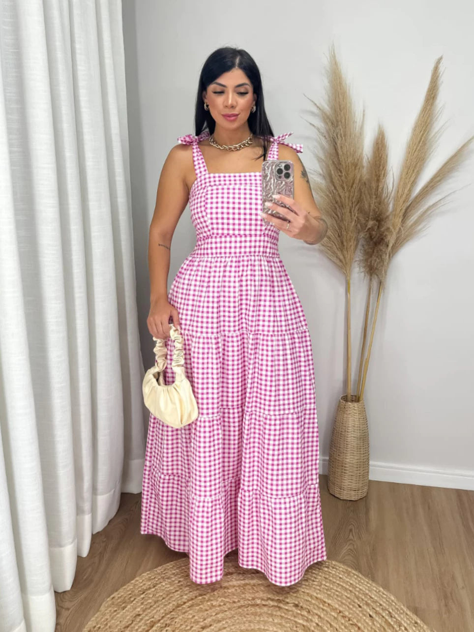 Vestido Xadrez Longo Alça Tecido Tricoline