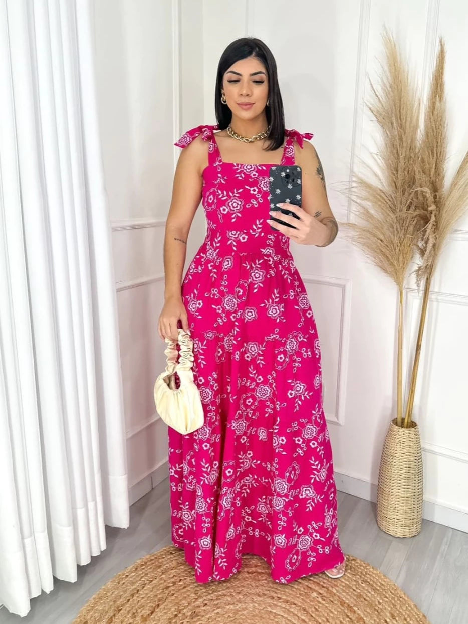 Vestido Longo Alça Floral Tecido Tricoline