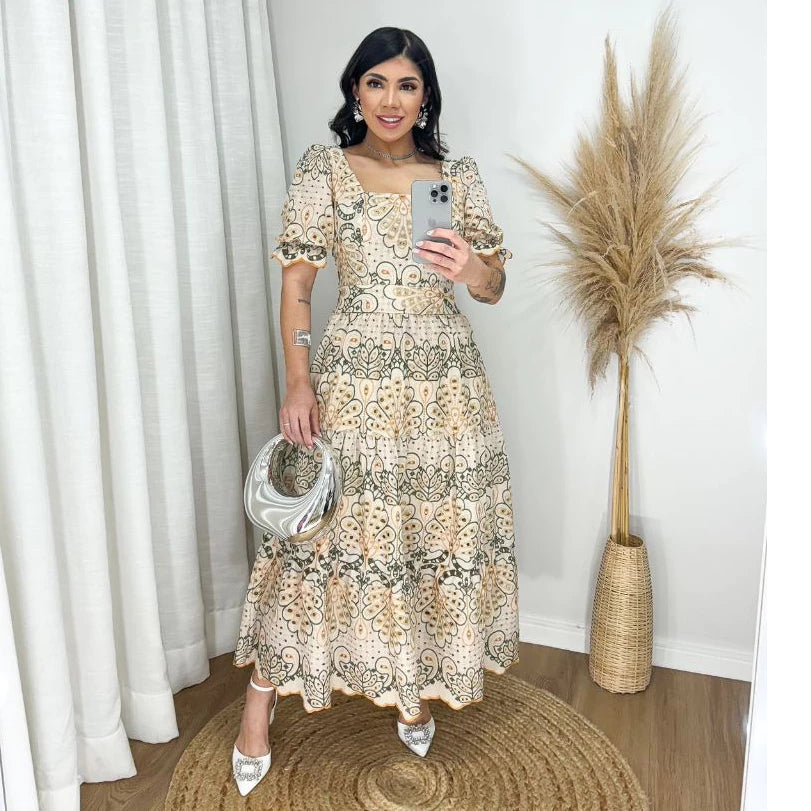 Vestido Midi Lese Bordado Luxo Manga Princesa