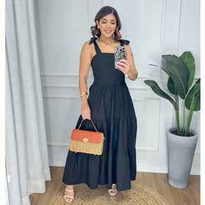 Vestido Longo Tecido Tricoline Liso Alça Regulável