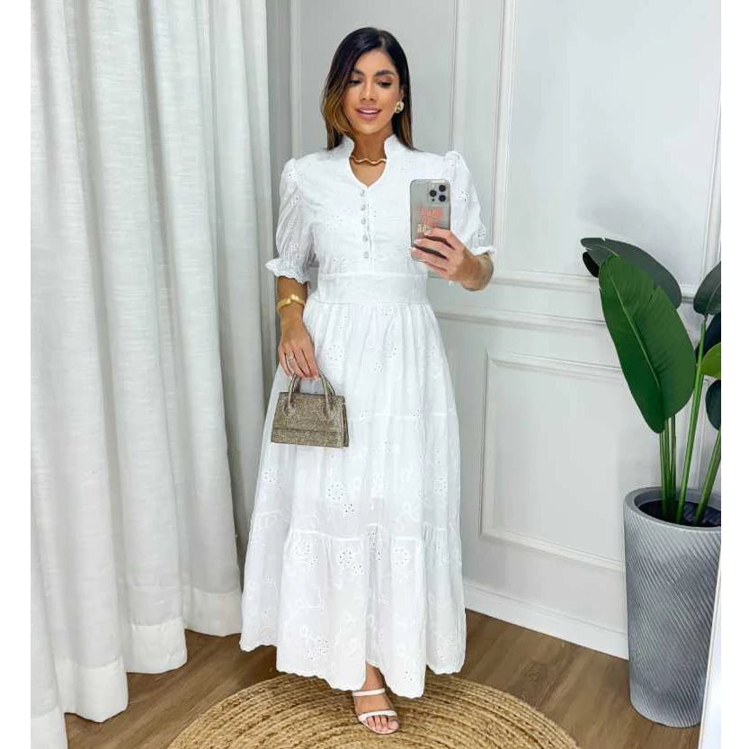 Vestido Midi Lese Bordado Manga Princesa Com Botões funcional