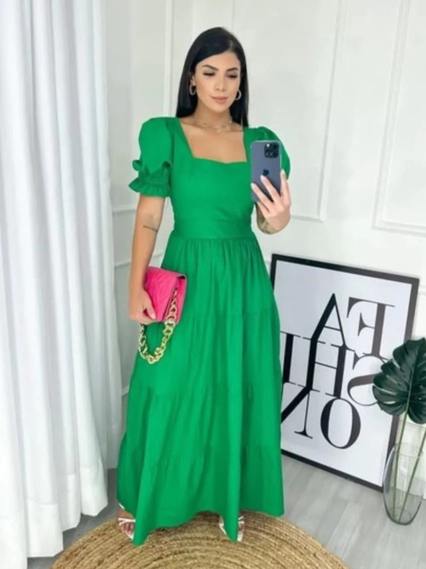 Vestido Longo Manga Princesa Tecido Tricoline Liso Algodão