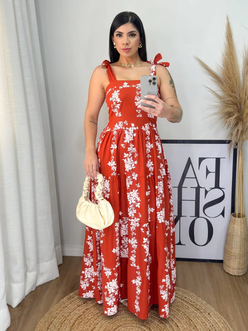 Vestido Longo Tricoline Floral com alça amarração regulável
