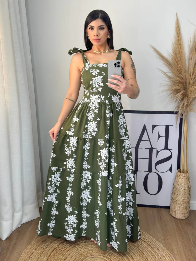 Vestido Longo Tricoline Floral com alça amarração regulável