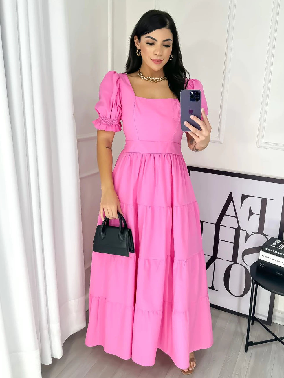 Vestido Longo Manga Princesa Tecido Tricoline Liço Algodão