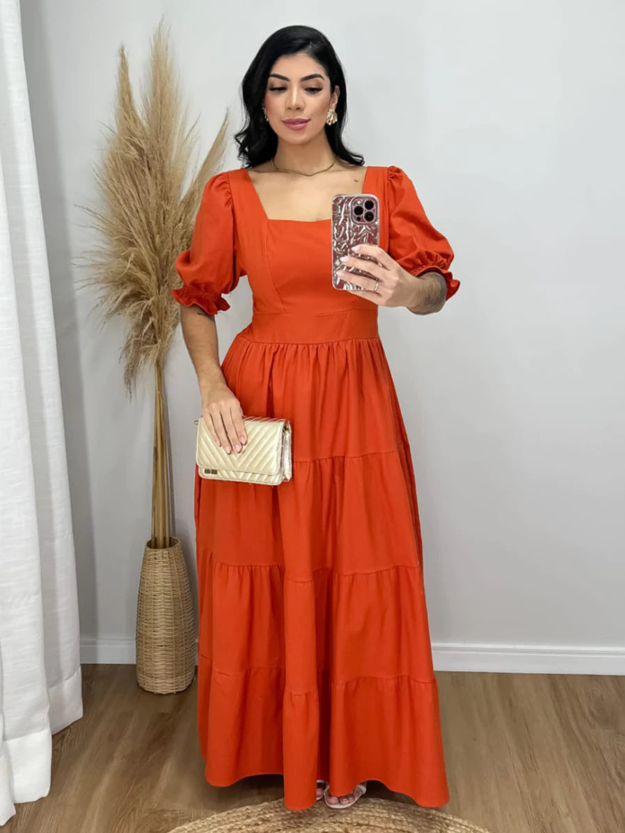 Vestido Longo Manga Princesa Tecido Tricoline Liço Algodão