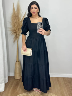 Vestido Longo Manga Princesa Tecido Tricoline Liço Algodão