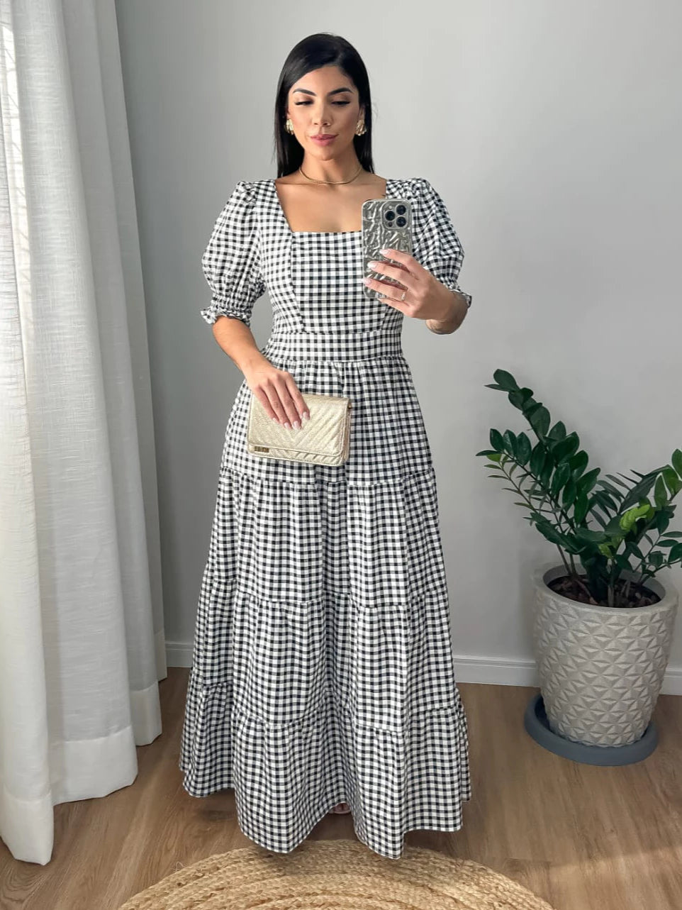Vestido Longo Manga Princesa Tricoline Xadrez
