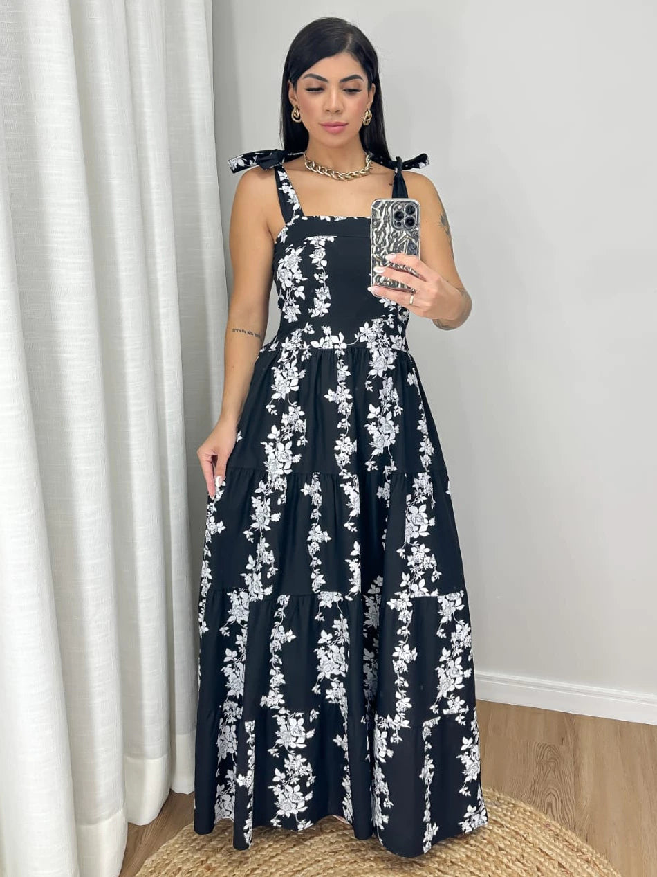 Vestido Longo Tricoline Floral com Alça Amarração Regulável