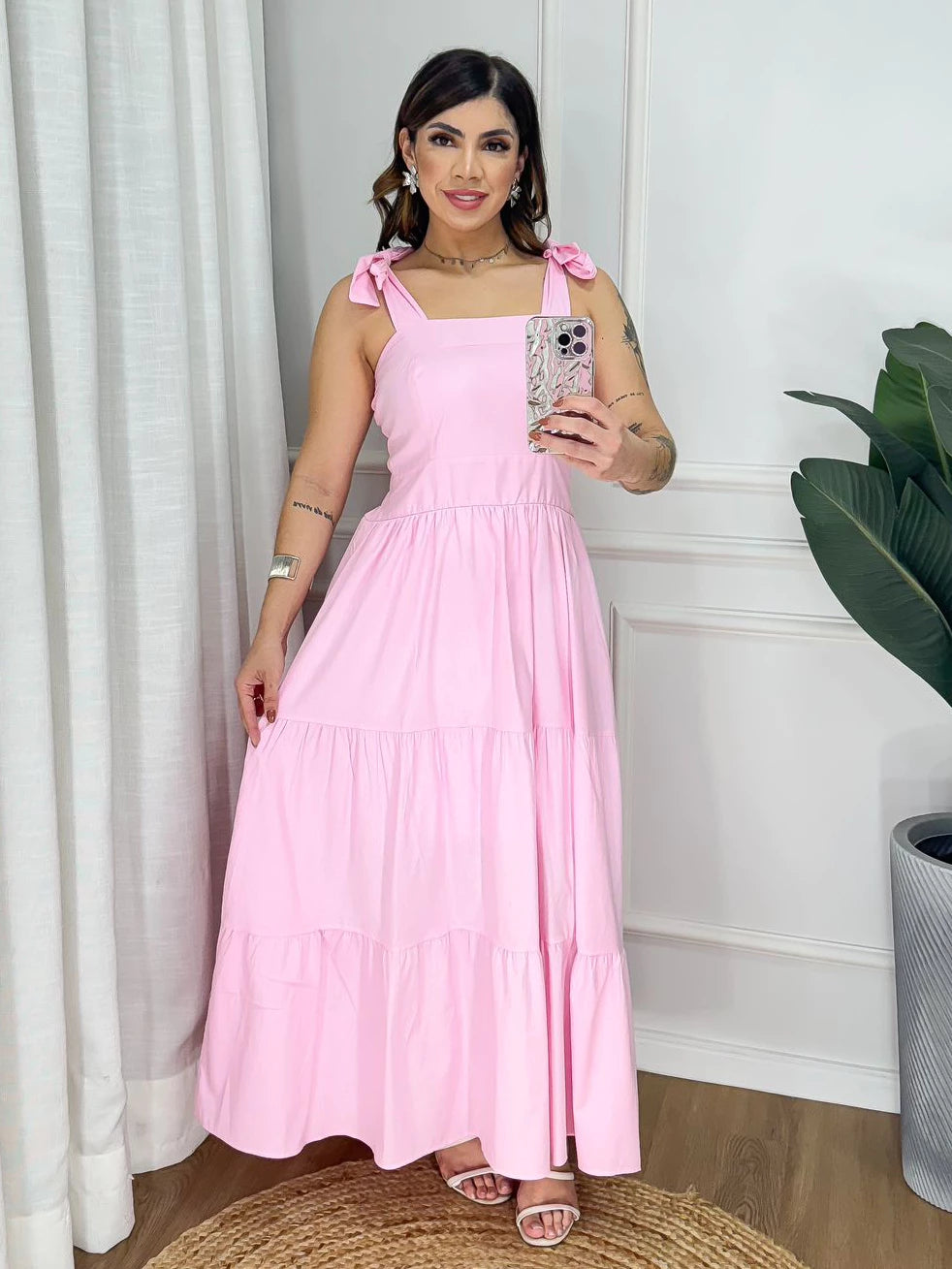 VESTIDO LONGO TECIDO TRICOLINE LIÇO ALÇA REGULAVEL