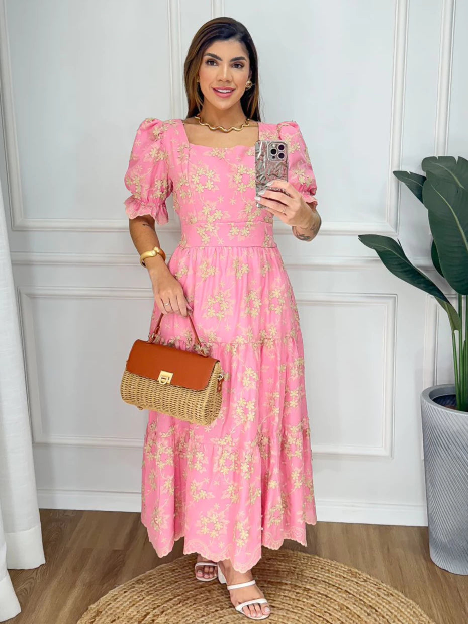 Vestido Midi Lese Bordado 3D Luxo Manga Princesa