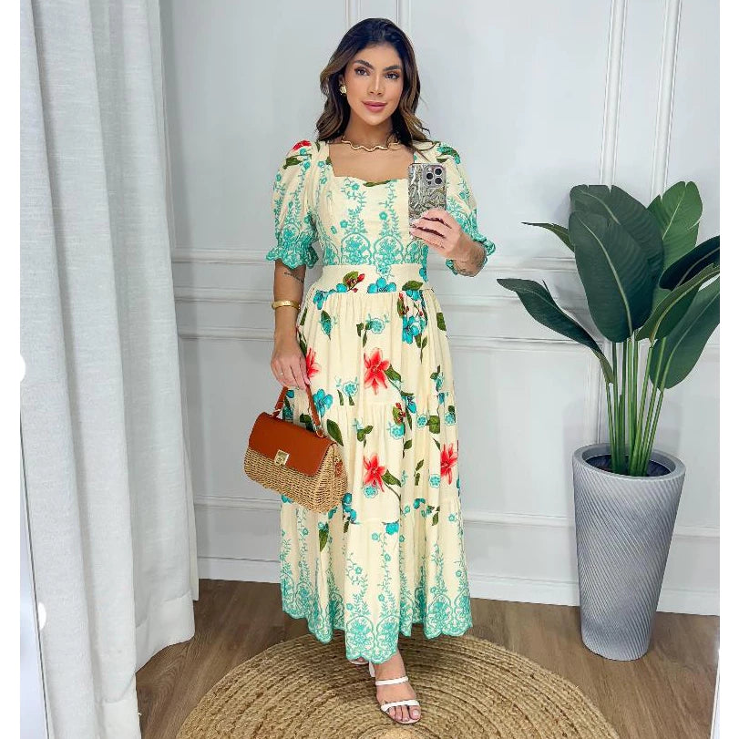 Vestido Longuete Viscolinho Bordado Florao Manga Princesa Bufante