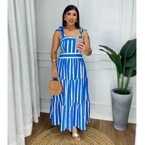 Vestido Alça Listra Tricoline Algodão Com Forro