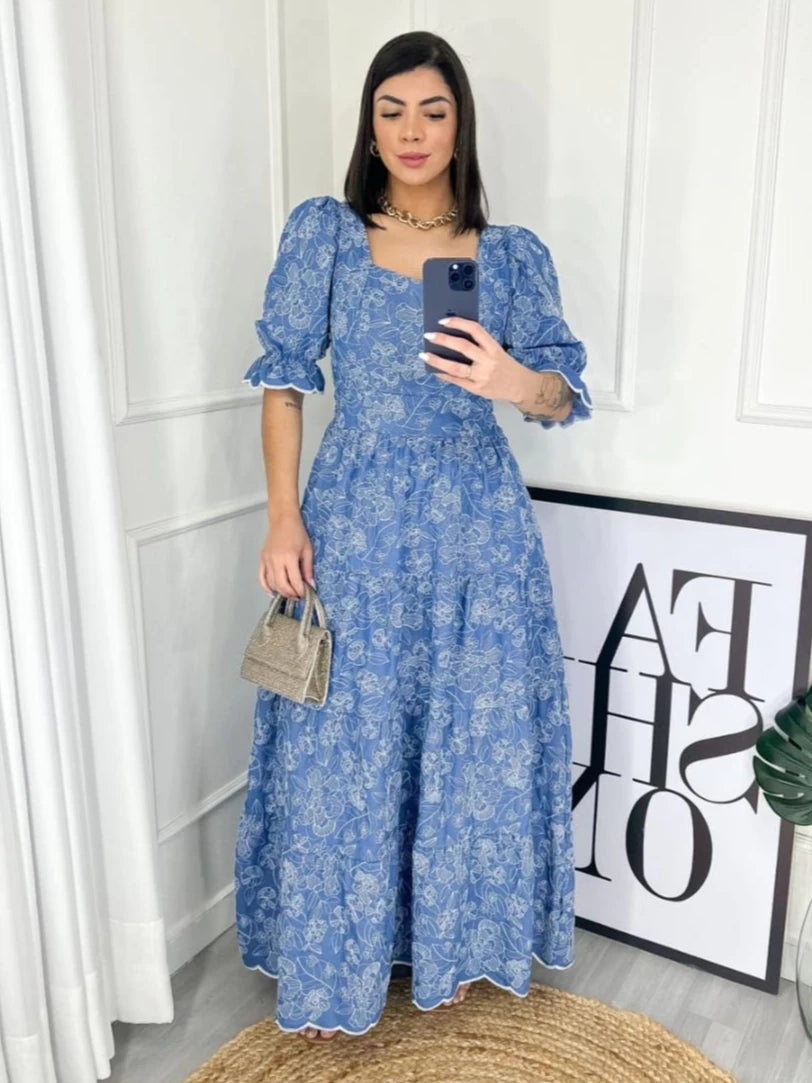 Vestido Feminino Manguinha Princesa Tecido Jeans Bordado Bem cofortavel