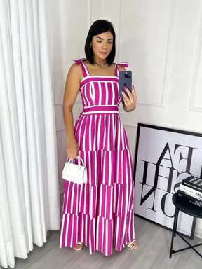 Vestido Alça Listra Tricoline Algodão Com Forro
