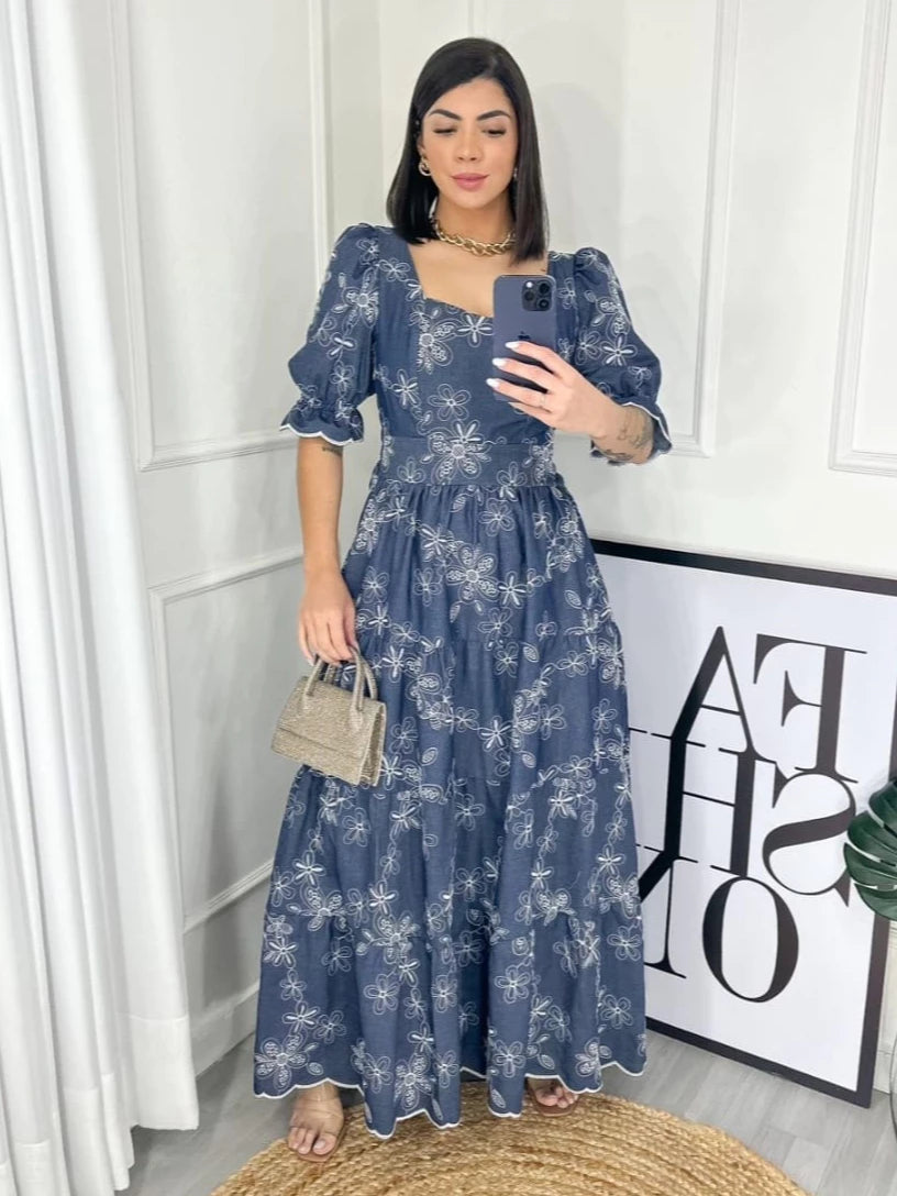 Vestido Feminino Manguinha Princesa Tecido Jeans Bordado Bem cofortavel