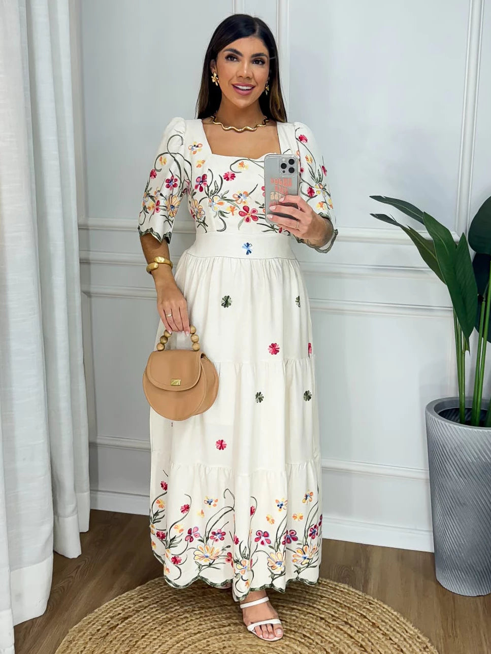 Vestido Maxi Midi Tecido Linho Com Bordado Manga Princesa