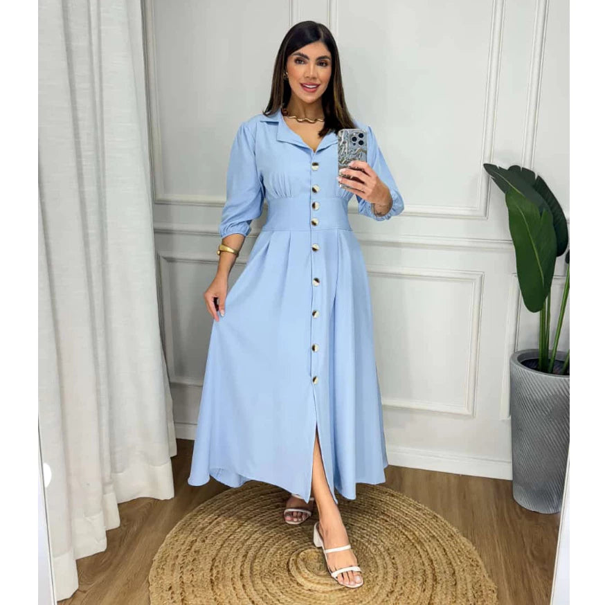 VESTIDO COM BOTÕES TECIDO CREPINHO PREMIUM LISO COM GOLA