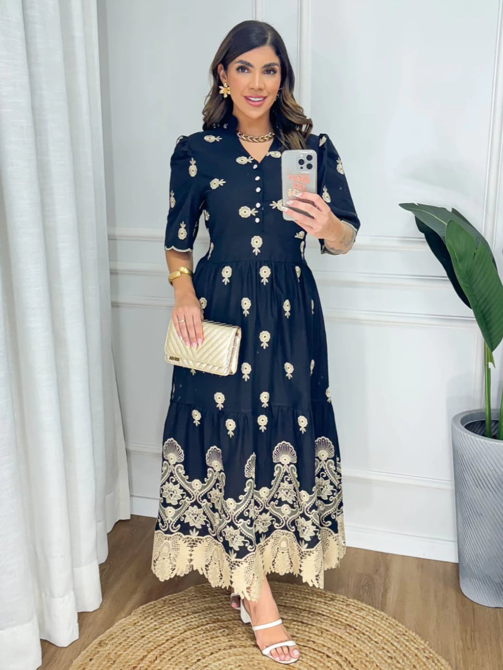 Vestido Midi Lese Bordado Gripe Manga Princesa Com Botão Funcional