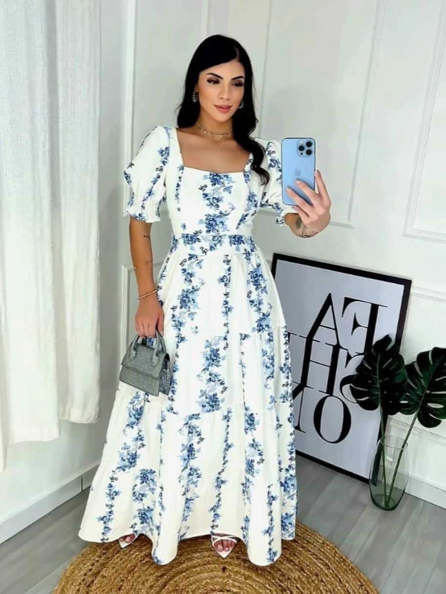 Vestido Longo Manga Princesa Tecido Tricoline Estampado Floral