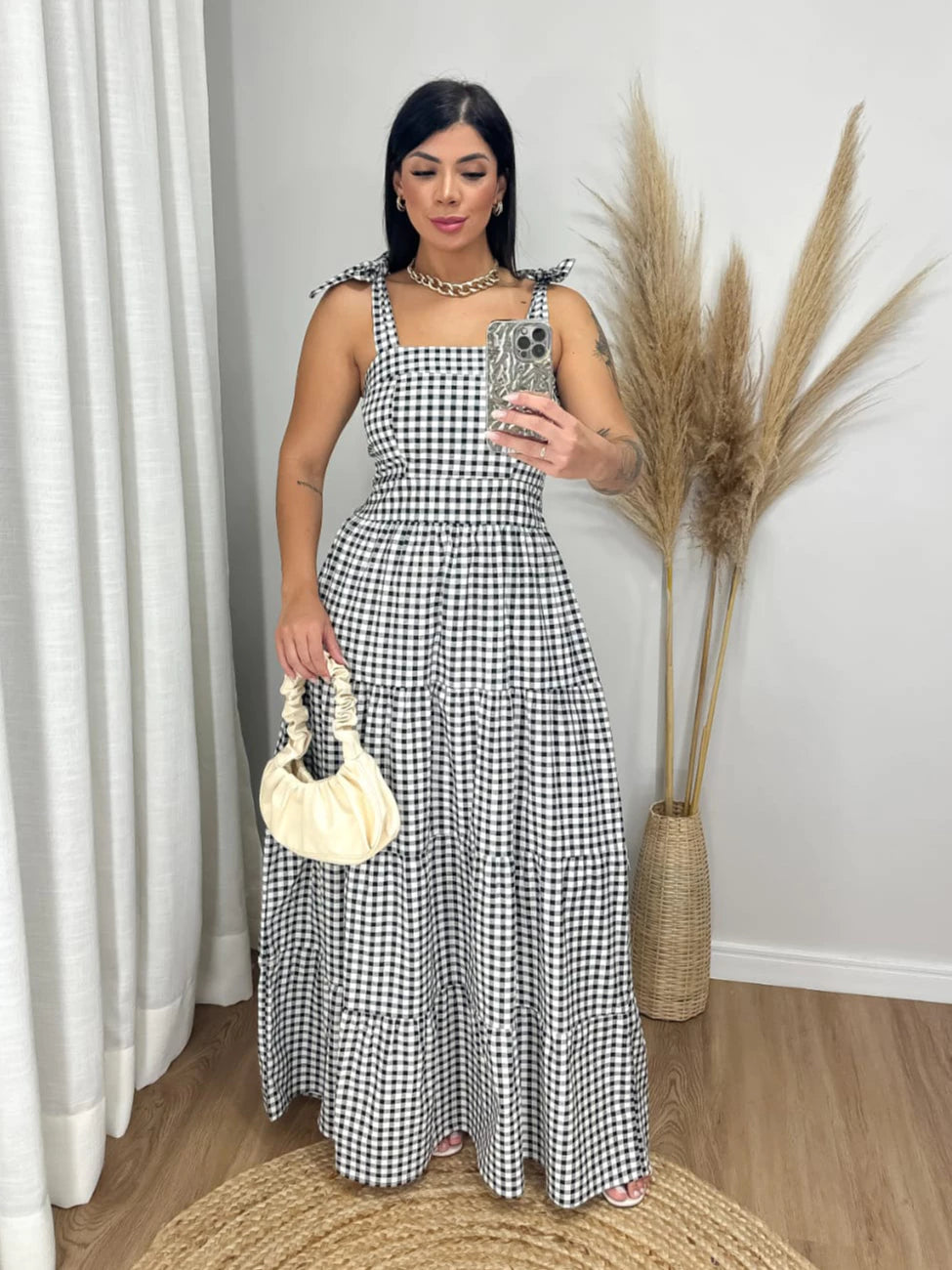 Vestido Xadrez Longo Alça Tecido Tricoline