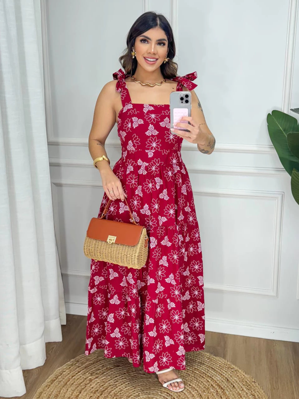Vestido Maxi Midi Alça Regulável Tricoline Algodão Forrado
