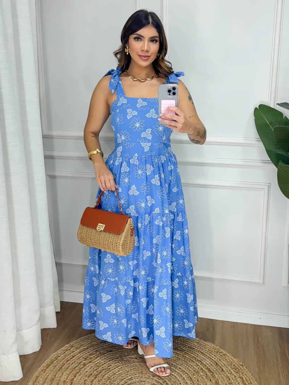 Vestido Longo Alça Floral Tricoline Algodão Forrado