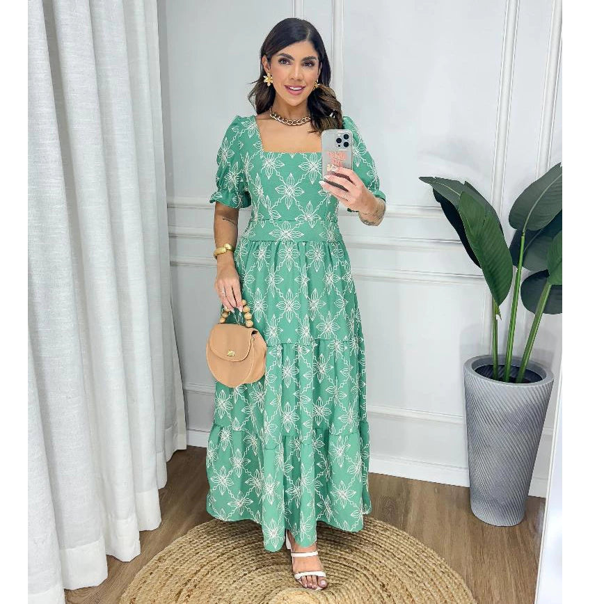 Vestido Midi Duna Bordado Manga Princesa
